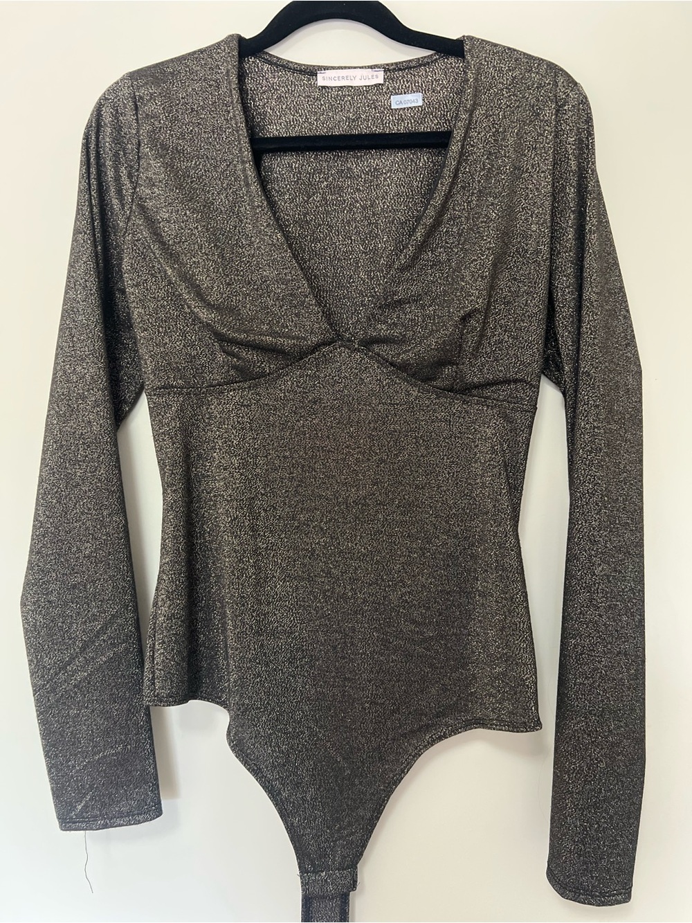 Sincerly Jules Shimmery Gold V-Neck Long Sleeve Bodysuit